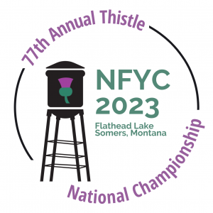 77th Annual Thistle National Championship logo has a black watertower with a Thistle emblem next to NFYC 2023 Flathead Lake Somers, Montana
